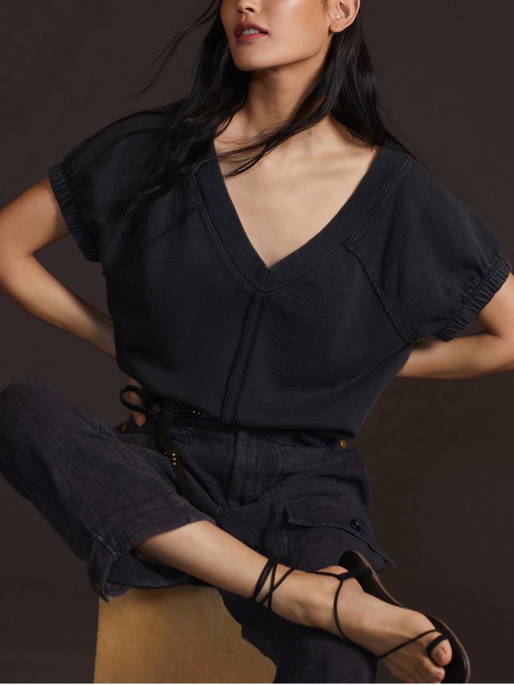 Anthropologie pilcro deep v, off shoulder short sleeve sweat shirt top. XS